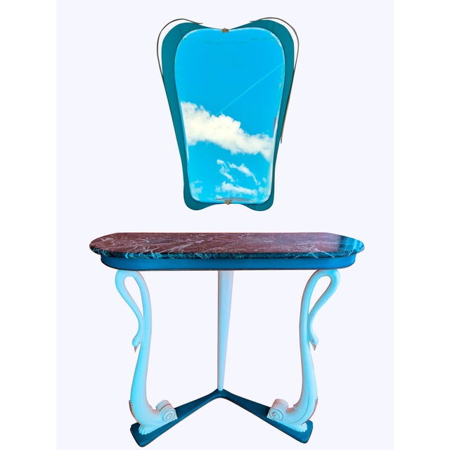 Italian Wooden Console with Carved Swans, Marble Top and Mirror, 1950s For Sale - Image 17 of 17