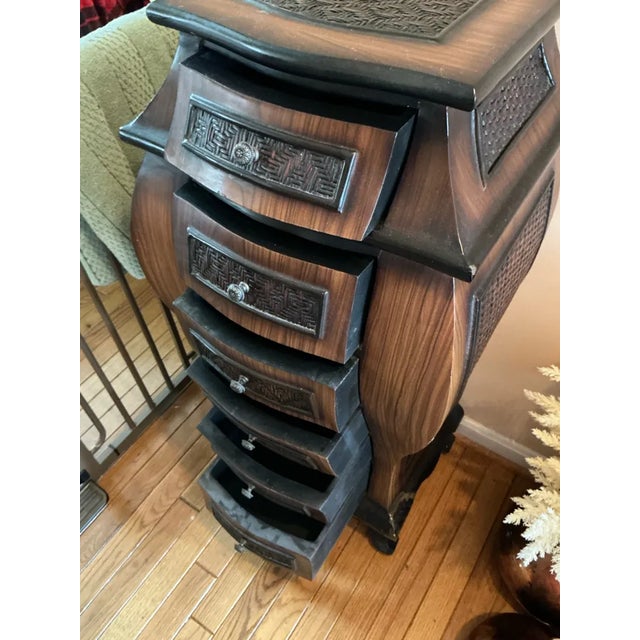 Bombay Style Tall Chest of Drawers With Woven Rattan Accents For Sale In Baltimore - Image 6 of 9