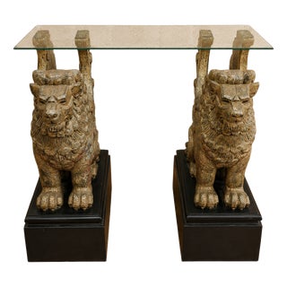 Mid-Century Console with Guardian Lions in Carved and Gilded Wood, 1950s For Sale