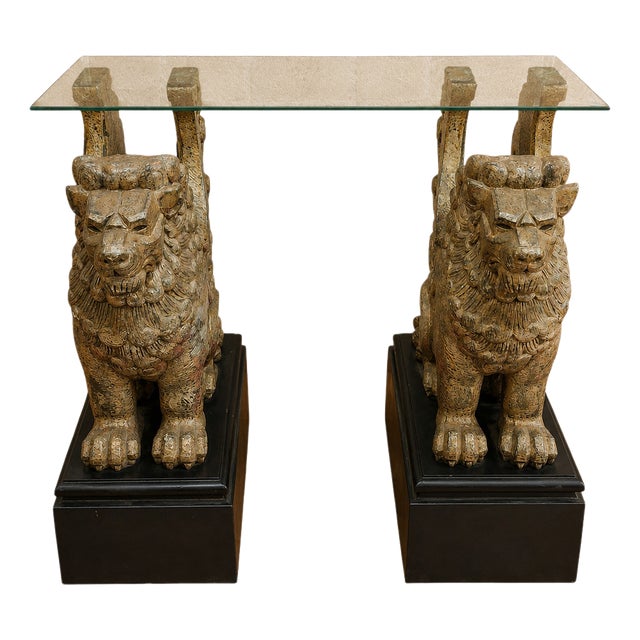 Mid-Century Console with Guardian Lions in Carved and Gilded Wood, 1950s For Sale