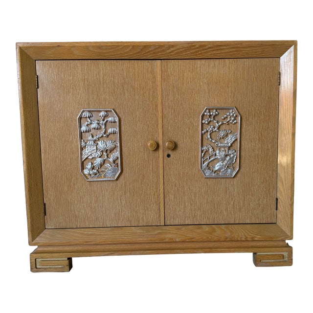 James Mont Attributed Regency Chinoiserie Cerused Oak Cabinet With Silvered Relief Panels For Sale