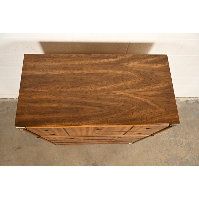 Drexel Heritage Mid-Century Modern Hollywood Regency Campaign Walnut Highboy Dresser, 1970s For Sale - Image 11 of 15
