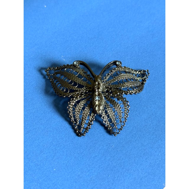 Metal Vintage 1960s Filigree Butterfly Brooch Pin With Cannetille Style Openwork For Sale - Image 7 of 16