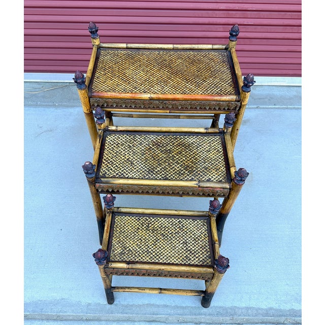 Vintage Bamboo & Woven Rattan Nesting Tables For Sale - Image 4 of 9