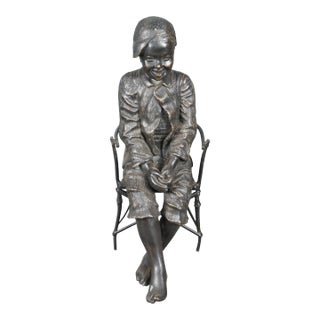 Late 19th Century Vintage Bronze Boy Fishing After Friedrich Goldscheider Sculpture Figurine For Sale