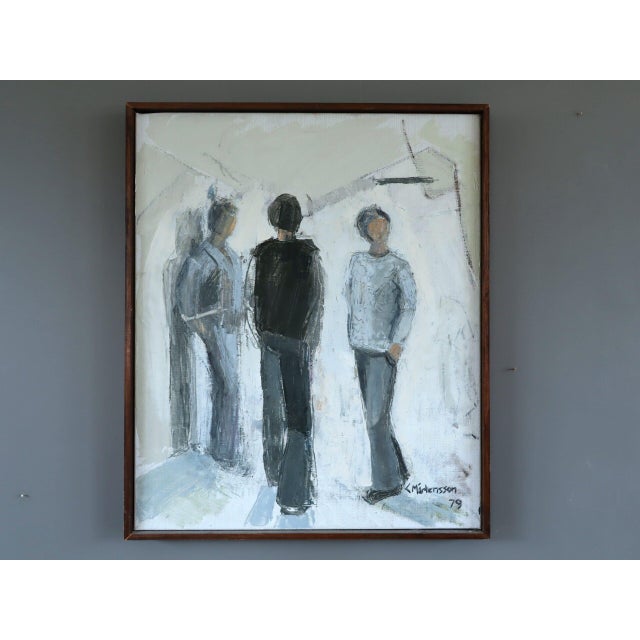 BETWEEN PRESENCES Size: 22.6 x 18.9 inches (including frame) Oil on canvas An evocative 20th century figurative painting...