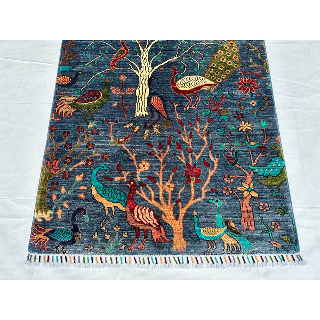 2000 - 2009 Slate Blue Persian Peacock Tree of Life Hand-Knotted Wool Rug - 3'3" X 5'0 For Sale - Image 5 of 11