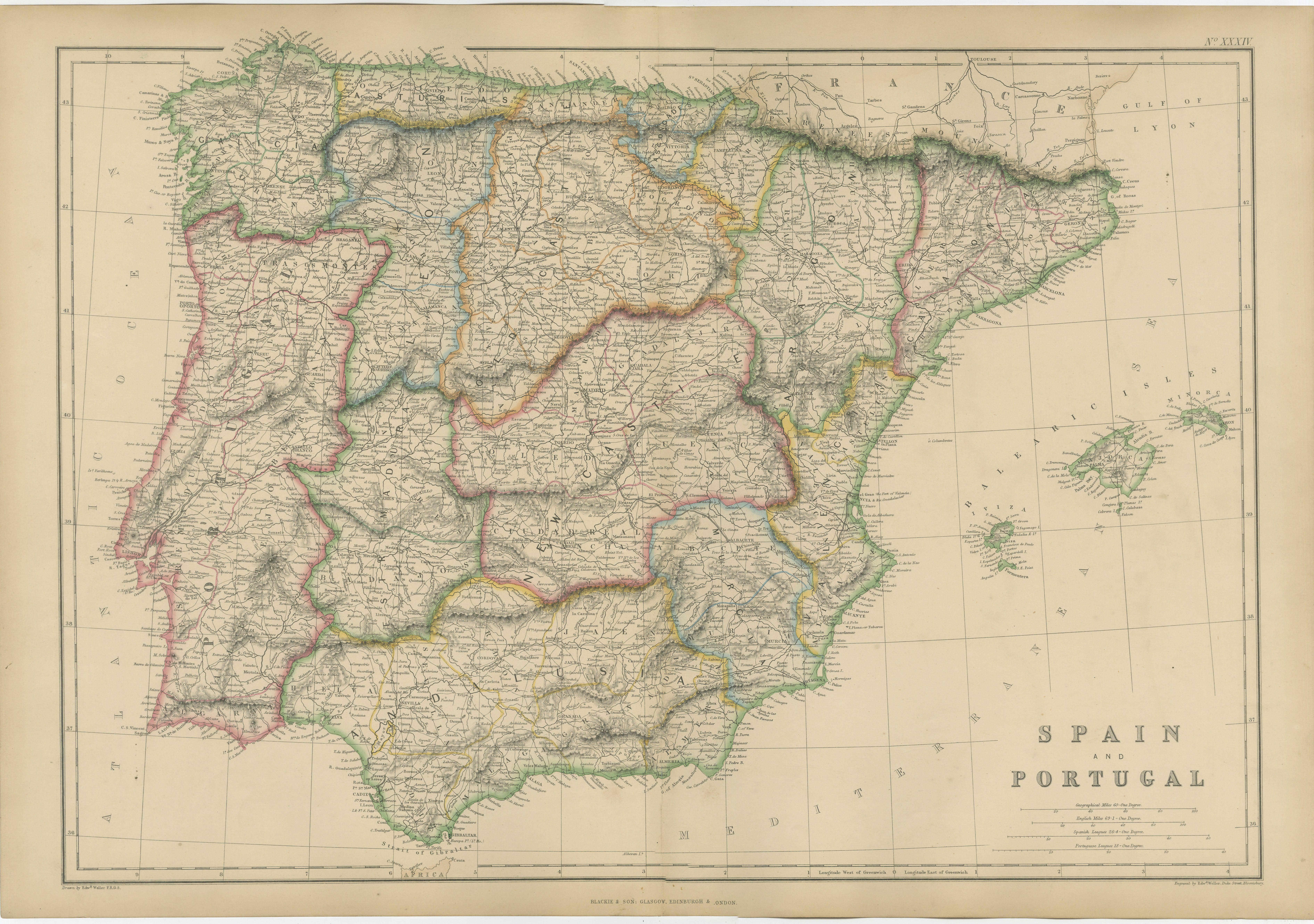 Antique Map of Spain, Portugal and Iberian Peninsula, 1860s For Sale
