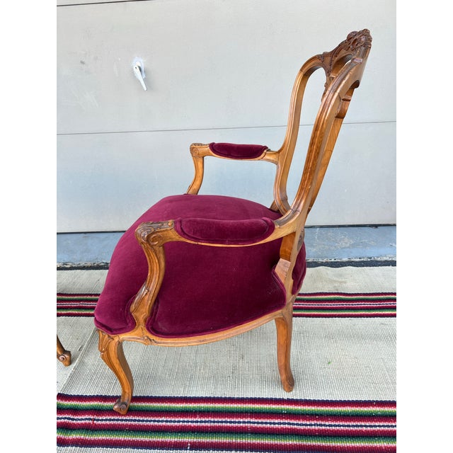 Pair of French Louis XV Style Carved Fruitwood Bergere Arm Chairs, 1950’s For Sale - Image 10 of 12