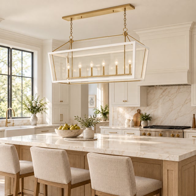 Architectural lines and a warm champagne bronze finish give this Kichler Delvin chandelier an elegant presence. Its...