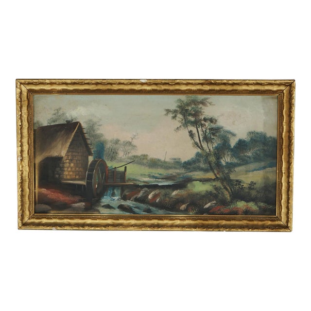 Antique Oil on Board Painting, Landscape with Mill & Water Wheel, Framed, C1900 For Sale