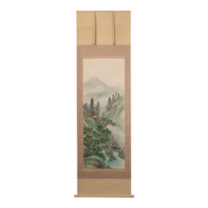 Pre-1940 Showa Era Japanese Scroll Painting "Mountain Landscape With Houses"