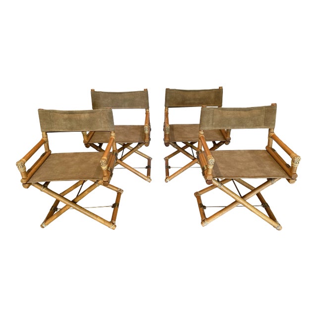1980s Set of 4 Vintage McGuire X Director’s Chairs With Rawhide Wraps and Brass Accents, Made in U. S. A. For Sale