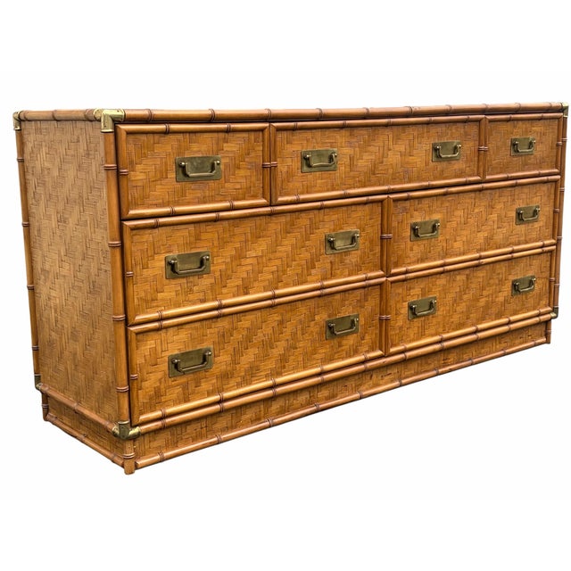 1970s Vintage MCM Faux Bamboo & Rattan Campaign Style Low Dresser For Sale - Image 5 of 10