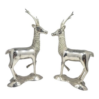 Miniature Silvered Brass Deer Figurines - a Pair For Sale