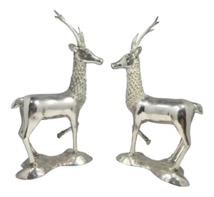Miniature Silvered Brass Deer Figurines - a Pair