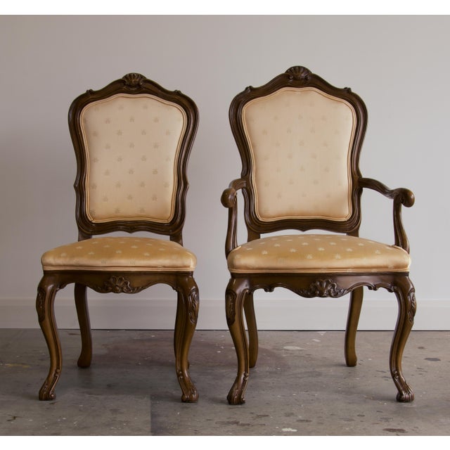 Karges Furniture Set of 12 Karges Louis XV Carved Dining Chairs in Napoleonic Bee Silk, 1960's For Sale - Image 4 of 14