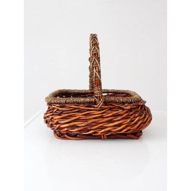 Farmhouse Vintage Woven Willow Basket With Wrapped Arched Handle For Sale - Image 3 of 14