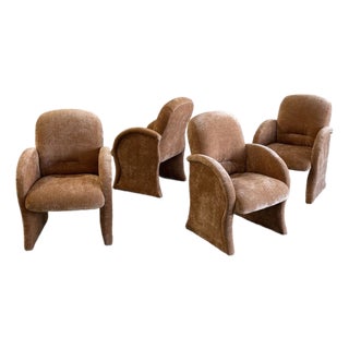 Vintage Curved Velvet Arm Dining Chairs - Set of Four For Sale