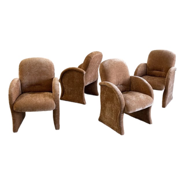 Vintage Curved Velvet Arm Dining Chairs - Set of Four For Sale