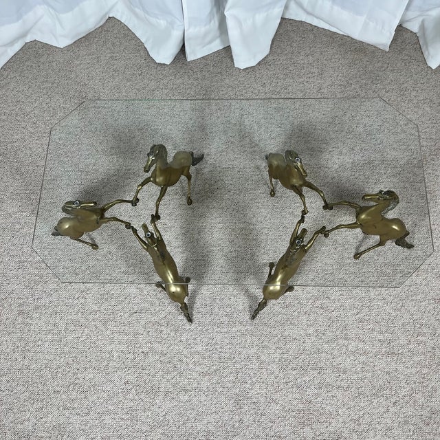 Metal Hollywood Regency Style Coffee Table with Patinated Brass Horses and Glass Top, 1970 For Sale - Image 7 of 18