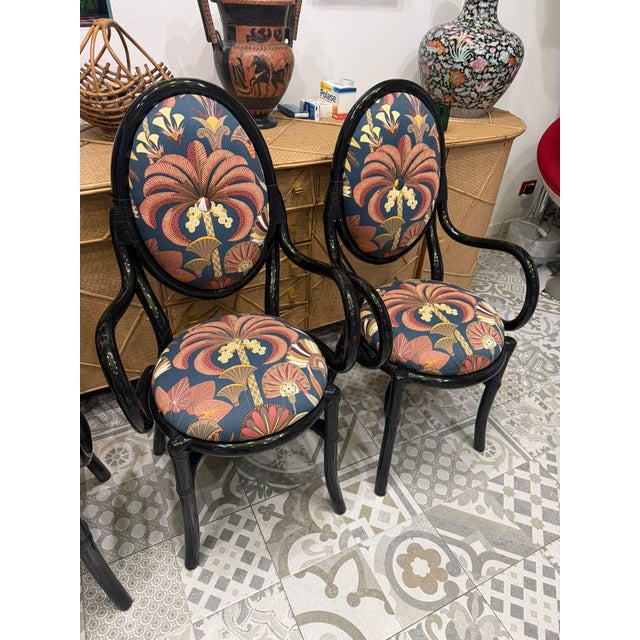 Black Lacquered Bamboo Chairs with Floral Fabric by Vivai Del Sud, 1970, Set of 4 For Sale - Image 9 of 11