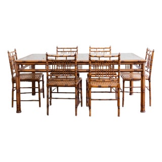 Faux Bamboo and Vienna Straw Dining Set, 1970s, Set of 7 For Sale