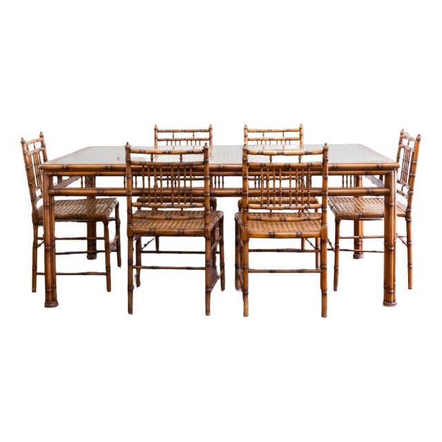 Faux Bamboo and Vienna Straw Dining Set, 1970s, Set of 7 For Sale