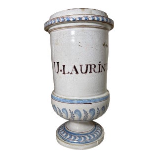 Rare Antique 18th Century Handmade U Laurinum Apothecary Pottery Drug Store Jar For Sale