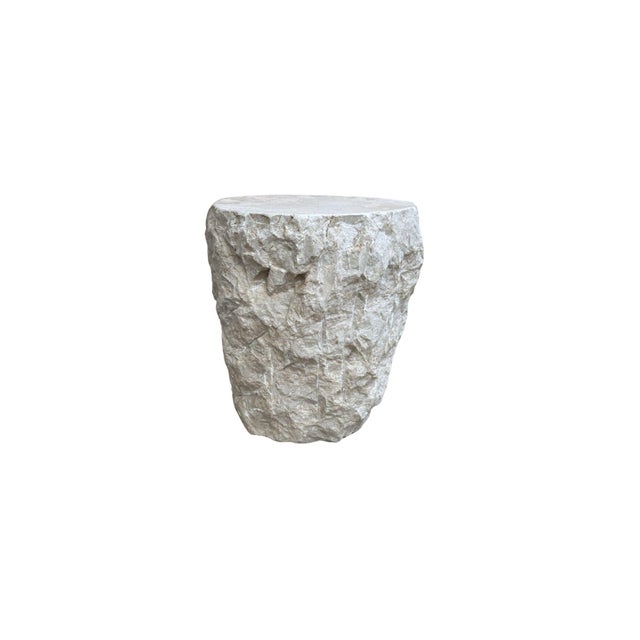 Contemporary Natural Solid Marble Side Table Chiselled Finish, Smooth Top, Modern Organic For Sale - Image 3 of 7