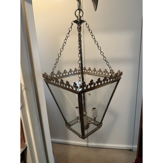 1960's English 4 Sided Glass and Metal Indoor Lantern with open top and bottom with satin silver plated finish. The...