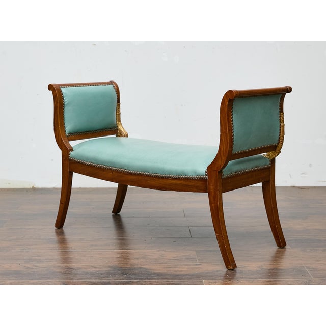 English Regency Mahogany Leather Bench with Gilt Dolphin Armrests For Sale - Image 10 of 12