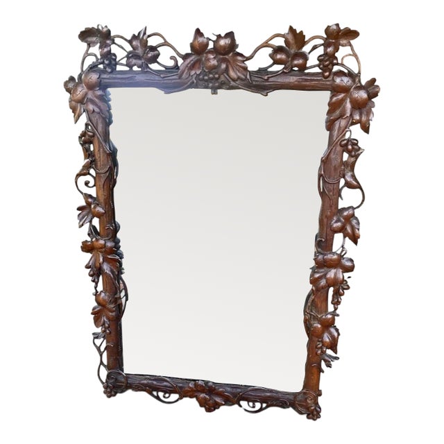 Black Forest Hand Carved Walnut Mirror Vines Leaves Berrys For Sale
