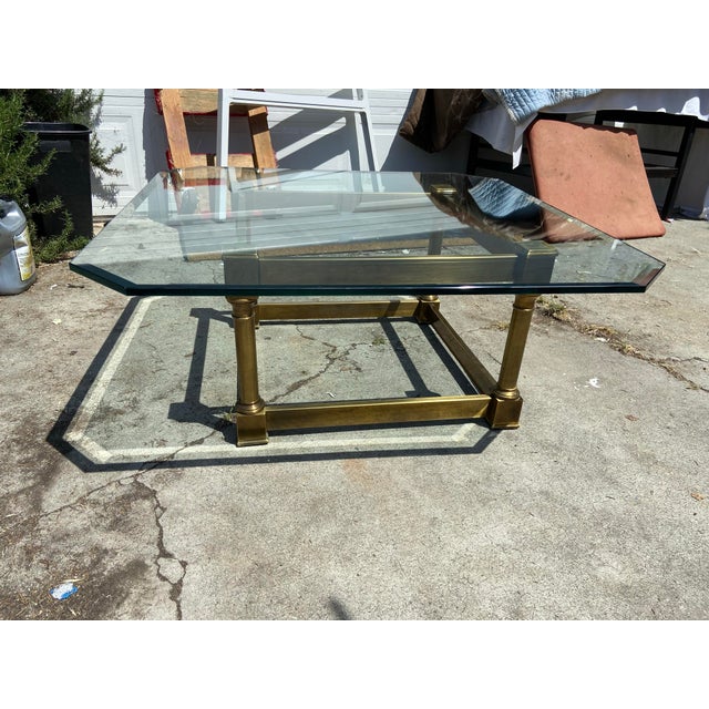 Metal Vintage Mid Century Brass and Glass Coffee Table Attributed to Mastercraft Unmarked For Sale - Image 7 of 11