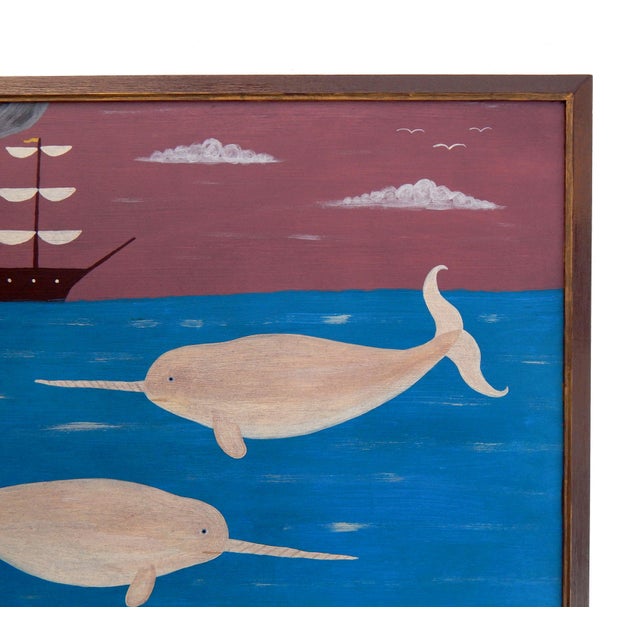 Early 21st Century Matt Rix, Naive Style Narwhals and Steamship, Oil on Board For Sale - Image 5 of 12