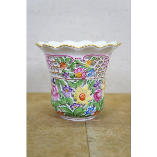 Ceramic Vintage Herend Hungary Handpainted Openwork Basketweave Pierced Porcelain Vase For Sale - Image 7 of 14