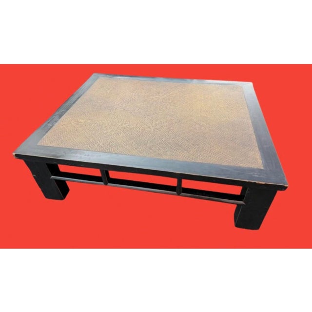 Chinoiserie Monumental Late Qing Dynasty Period Elm Wood Coffee Table With Rattan Inset Top For Sale - Image 3 of 8