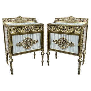 19th Century French Bronze Vitrine Nightstands with Glass Doors and Brass Drawers, Set of 2 For Sale
