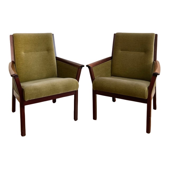 Mid 20th Century Pair of High Back Danish Modern Oak & Moss Green Mohair Lounge Chairs Attributed to Durup For Sale