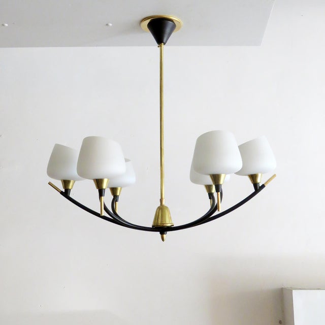 Wonderful French chandelier by Arlus, with six cased glass cups on an enameled metal branch matrix with beautiful brass...
