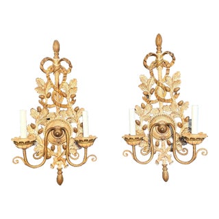 1970s Italian Hand-Carved Gilded Wall Sconce Pair For Sale