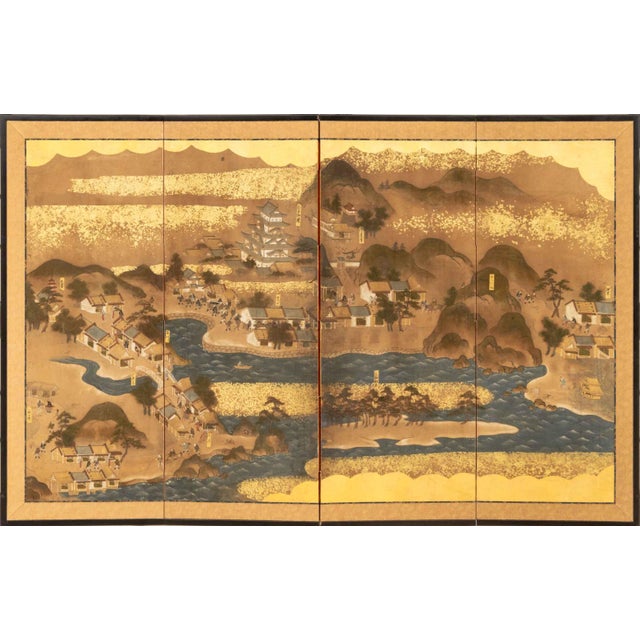Japanese Japanese Village Landscape Scene Byobu Screen, 19th Century For Sale - Image 3 of 13