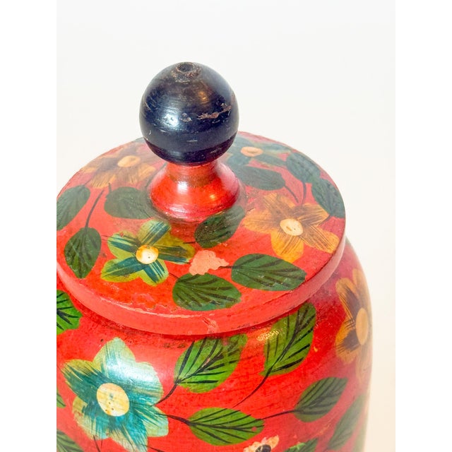 Shabby Chic Vintage Wooden Hand Painted Floral Jar With Lid For Sale - Image 3 of 7