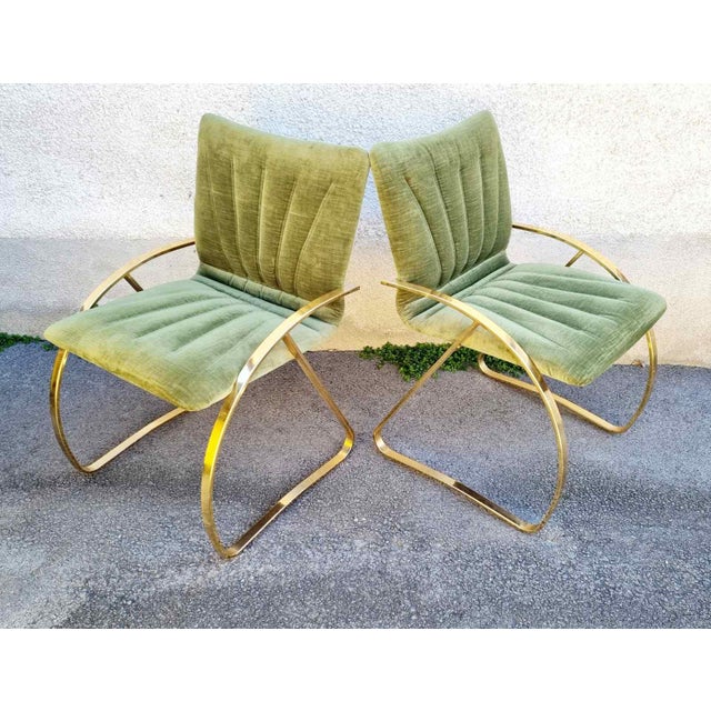 Metal Italian Modern Brick Green Velvet and Gold Chromed Metal Chairs, 1970s, Set of 2 For Sale - Image 7 of 15