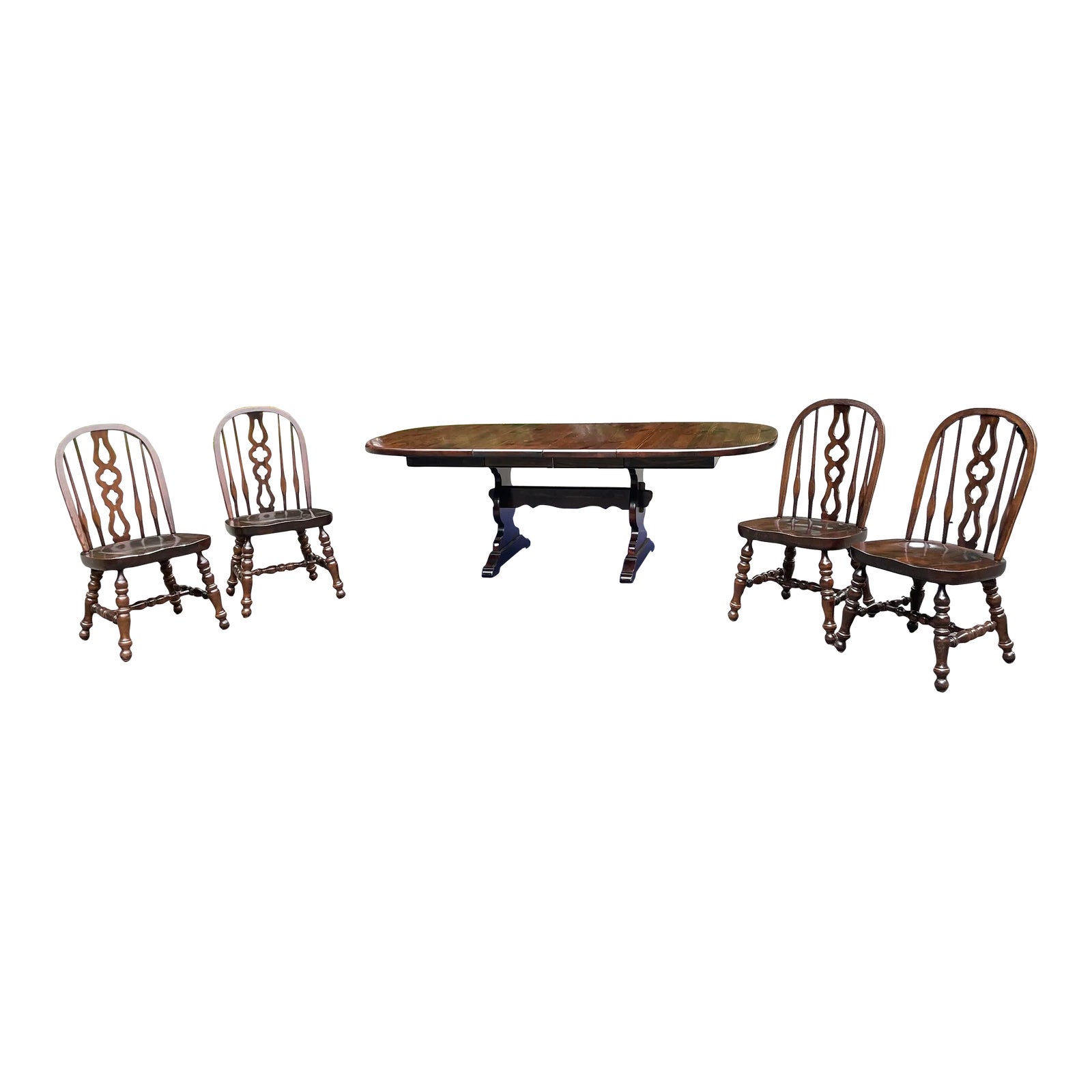 Ethan Allen Antiqued Pine Trestle Table With Two Leaves and 4 Ethan