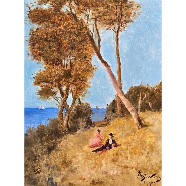 Alfred Stevens —Romantic Couple Overlooking the Sea (Royan, 1897)—Oil Painting For Sale - Image 4 of 10