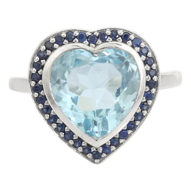 925 Silver Heart Shaped Blue Topaz and Sapphire Halo Promise Ring for Girlfriend Size 7 For Sale
