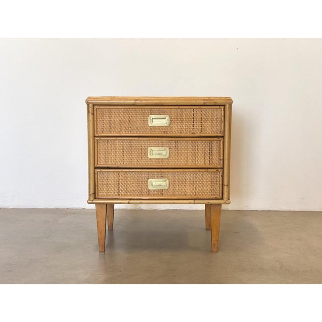 1970s wicker bedside table, brass handles