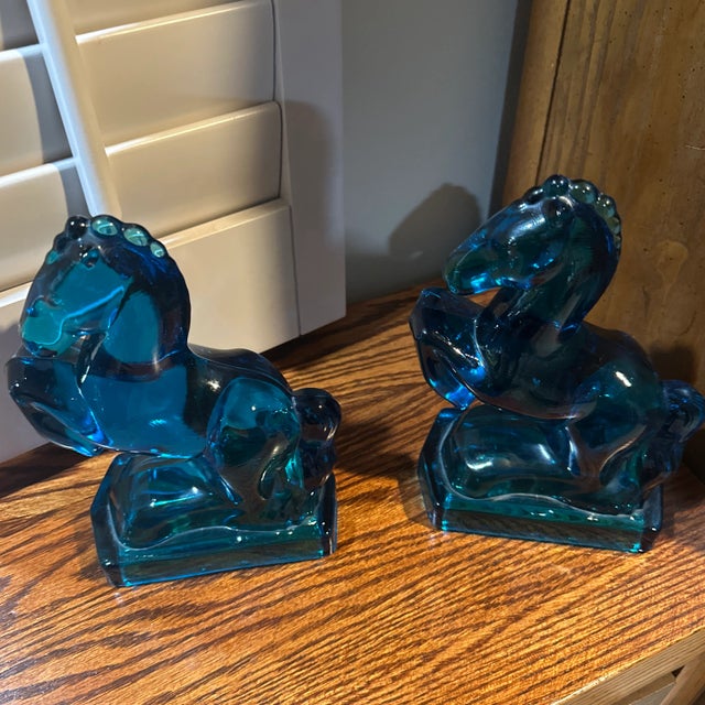 1950s Peacock Blue Glass Rearing Horse Statues From 1940’s Art Deco Mid Century For Sale - Image 5 of 10