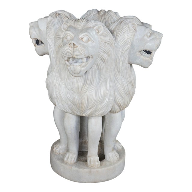 Monumental Capital of Ashoka Sculptural Lion Marble Statue Pedestal Center Table For Sale
